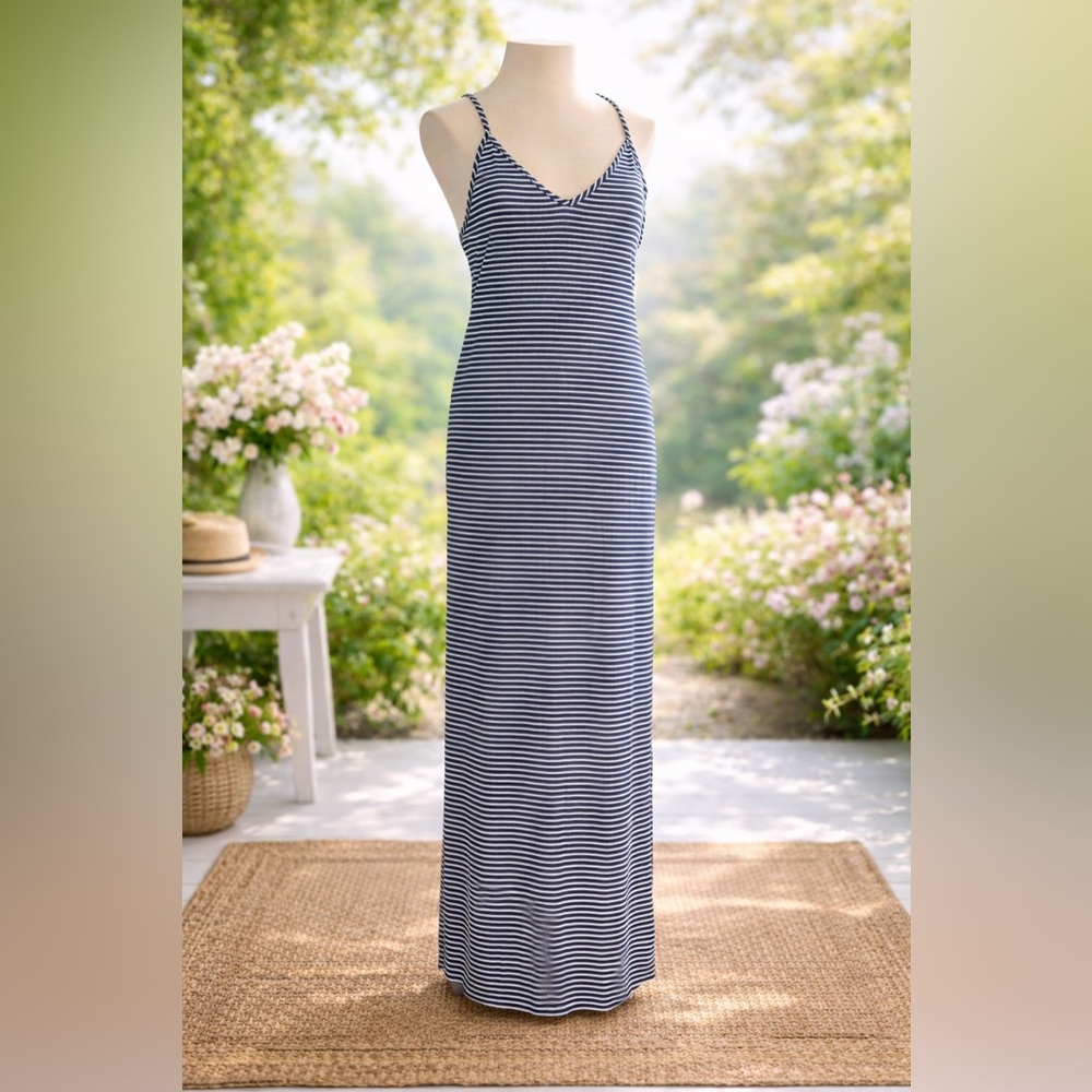 Moa Moa Blue White Ribbed Striped Maxi Dress Spaghetti Strap ~ NWT
